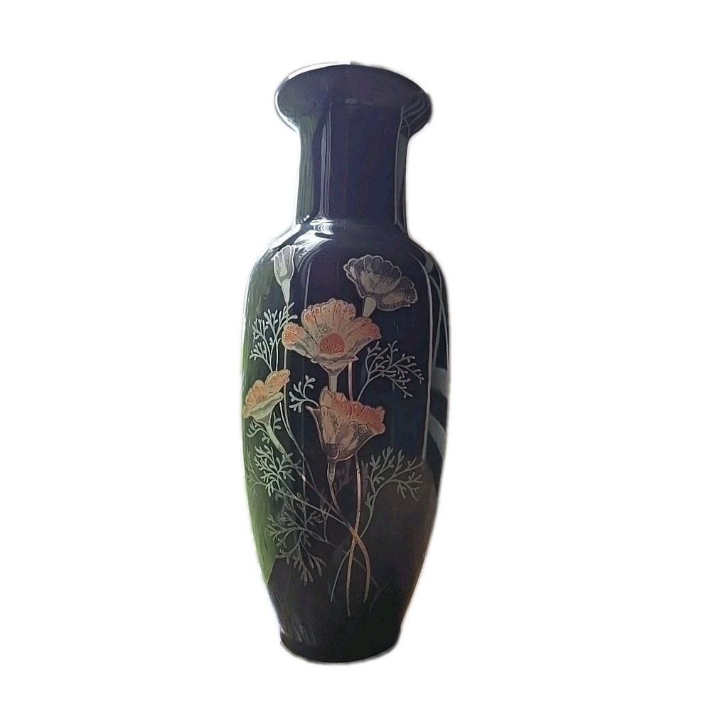 Black Ceramic Vase Pink Flowers 11.5" Gold Stamped